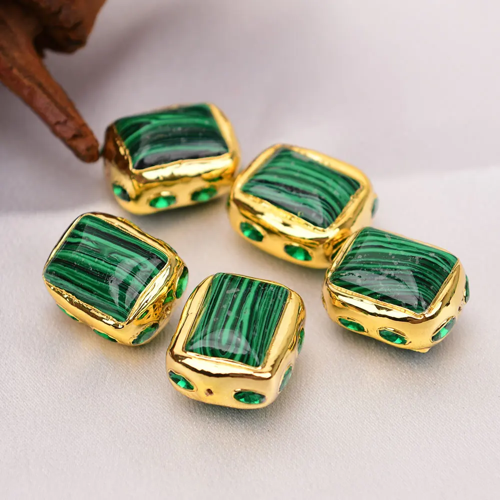 APDGG 5 Pcs Green Malachite Gold Edged Stone Beads Jewelry Making DIY