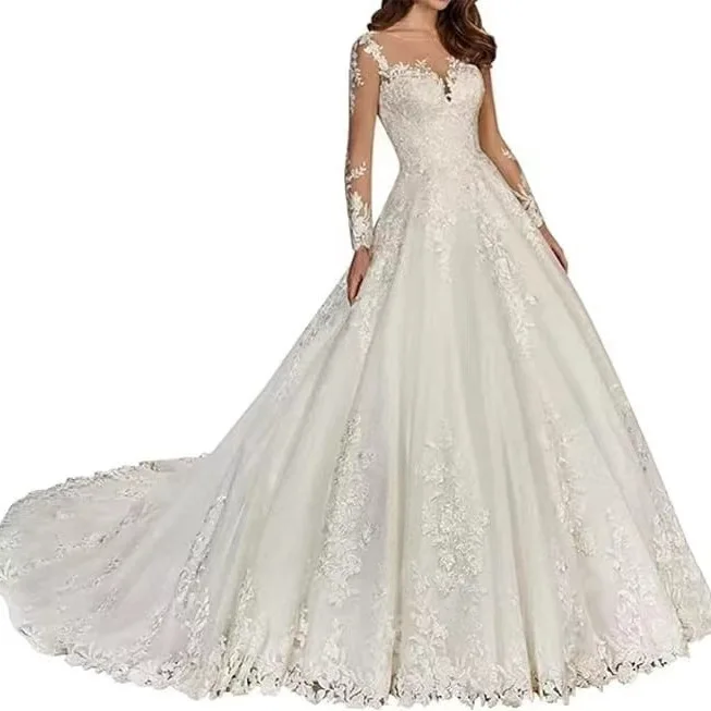 

MK2033-Simple round neck slim fit see-through train slim wedding dress