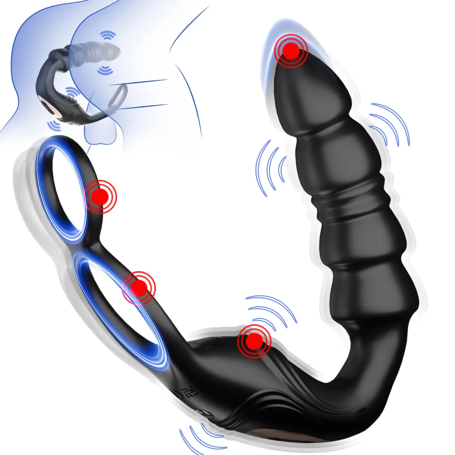 Adult Sex Toys Vibrator Anal Plug, 3 in 1 Dual Ring Thrusting Vibrating Massager, Beaded Shaft Prostate Stimulator for Men