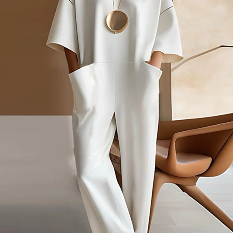 Autumn Solid Spliced Half Sleeve Women Jumpsuit Casual O Neck Pockets Romper Overalls Vintage Loose Zipper Office Lady Playsuits