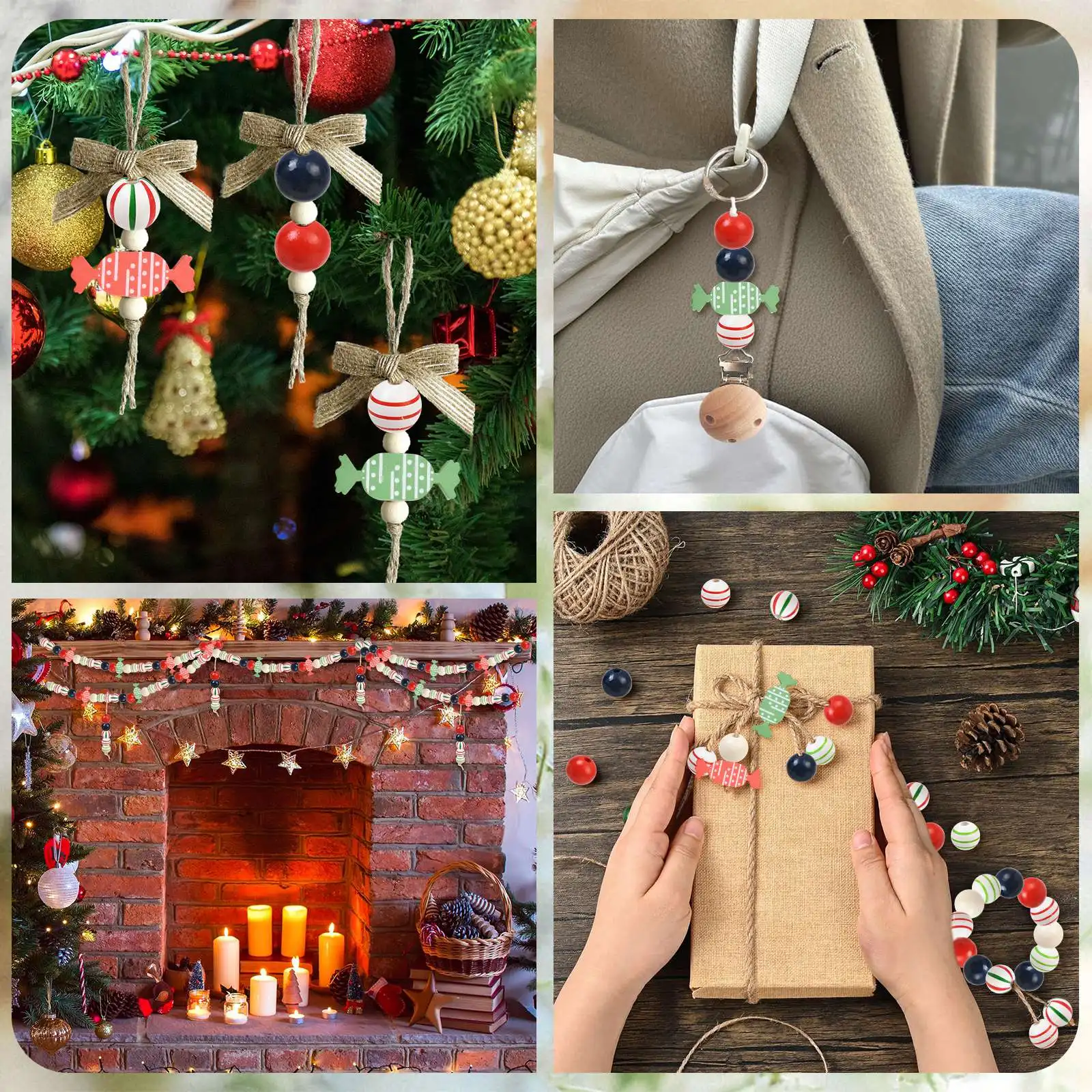 PandaHall 100 Stück Zufällige Weihnachts-Holzperlen-Sets, 16mm, Bemalt, für DIY-Schmuck, Weihnachts- und Feiertagsdekorationen – Detail 4