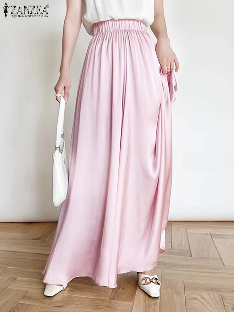 ZANZEA Women Fashion Elastic Waisted Pants  Wide Leg Trouser 2024 Summer Vintage Satin Pants Korean Casual Loose Long Pantalons