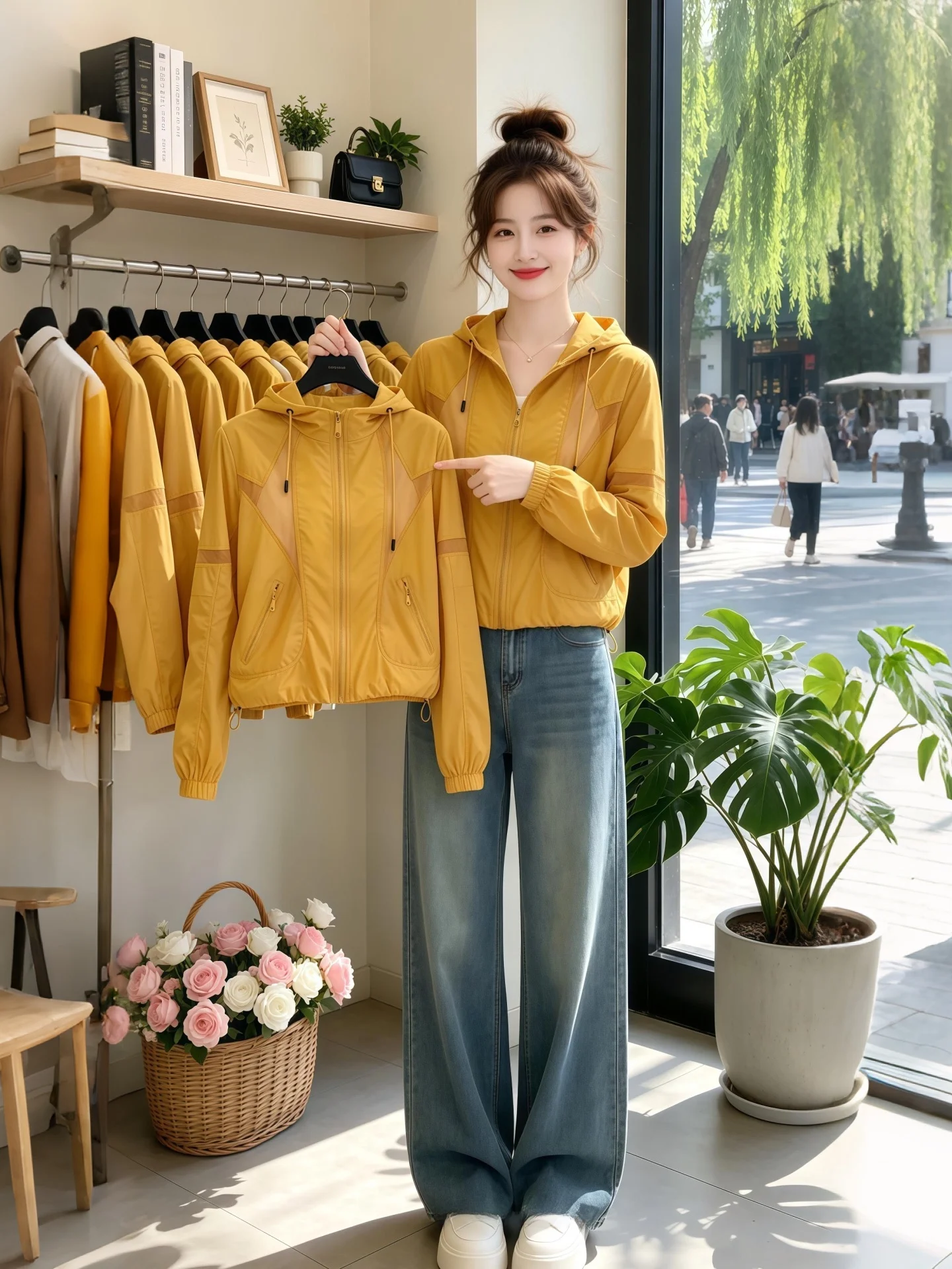 

Fashionable Pure Color Durable Women's Jacket 2026 Summer Breathable Anti-Uv Loose Fit with Hood Chain Detail Long Sleeve