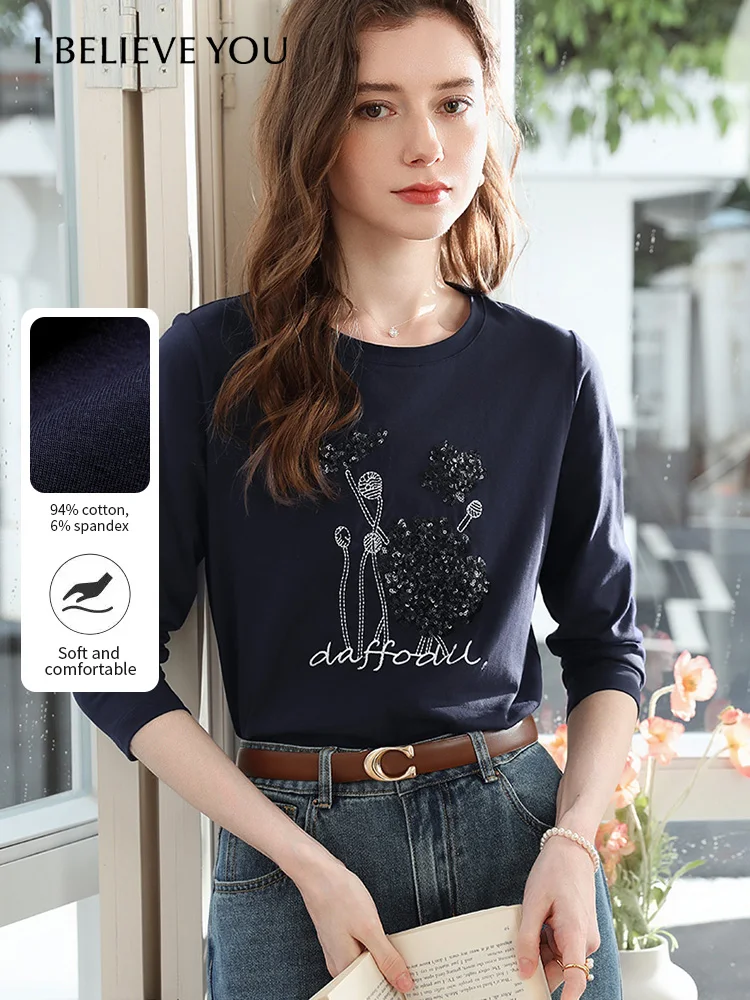 

Женская футболка с синей вышивкой бисером I BELIEVE YOU, осень-зима 2022, повседневные базовые футболки с круглым вырезом и длинными рукавами 2254016146