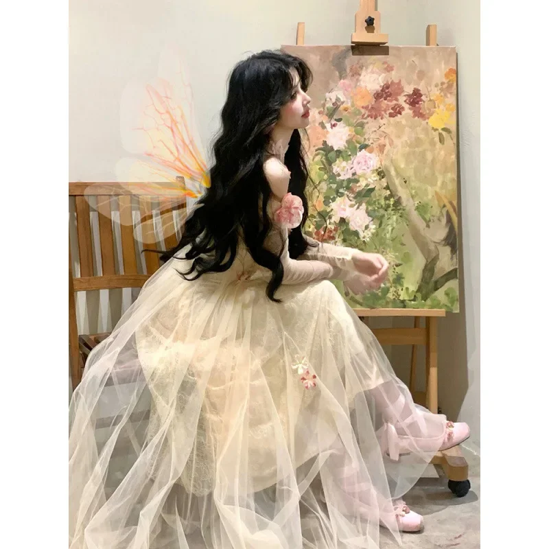 فستان جنية أنيق على الطراز الكوري الجديد للنساء لربيع وصيف موضة مأدبة سهرة فساتين ماكسي على شكل زهرة عتيقة