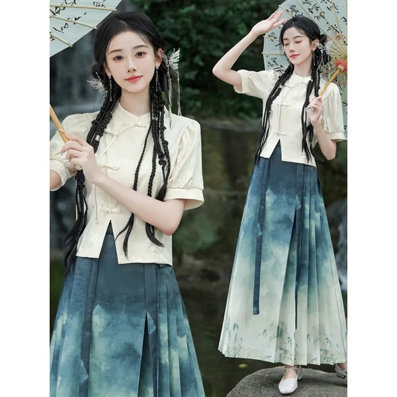 

Summer Youth Oriental Outfit Middle High School Girls Slim Retro Hanfu Skirt Set
