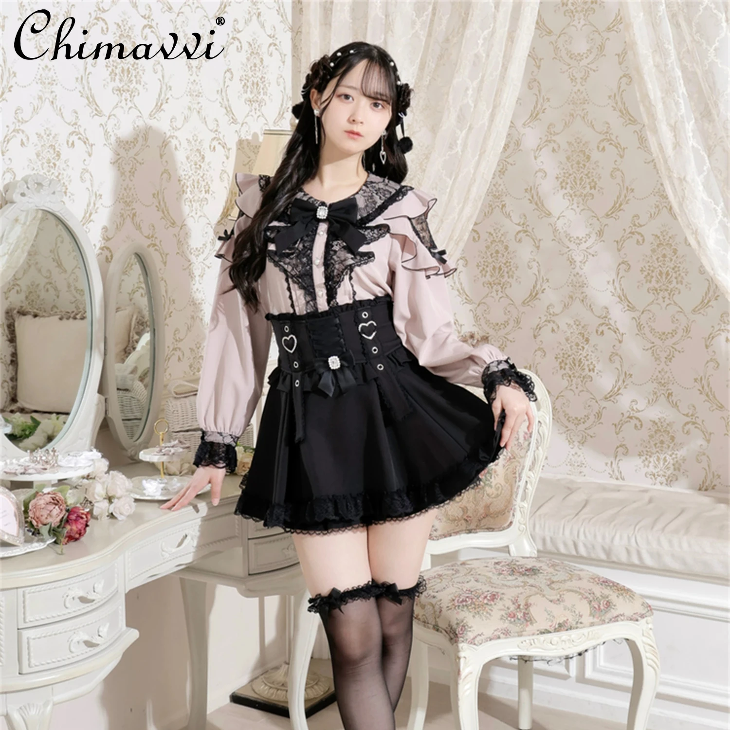 Blusa bonita de chica Lolita, otoño 2021, estilo japonés, nueva serie Mine, hombros descubiertos, manga larga, lazo de encaje, camisa dulce para niñas