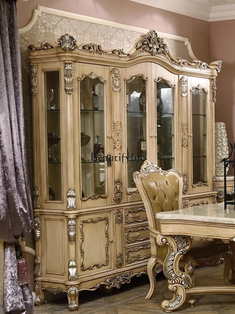 French court solid wood glass wine cabinet European high-end luxury four-door display cabinet customization