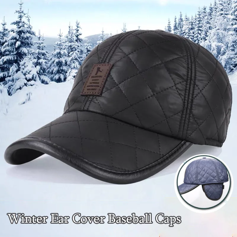 Men Winter Bright Leather Baseball Cap Warm Snapback Hats Caps Casual Outdoor Cycling Ear Protection Hats Sports Caps Casquette