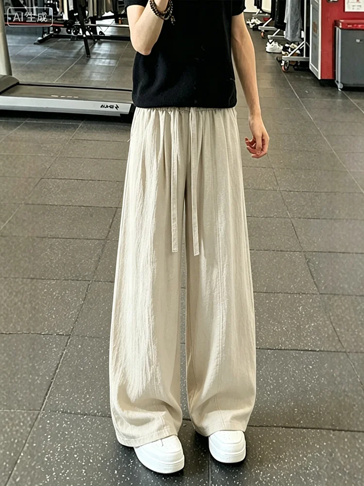 

Men's Summer Thin Straight Leg Ice Silk Cotton Linen Casual Pants Loose Wide Leg Pants Folded Hem mid Waist Comfortable Breat...