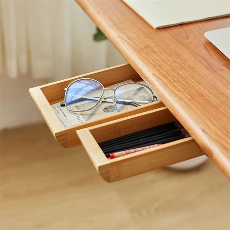 High-end Wood Storage Box Under Desk Adhesive Natural Home Storage Hidden Drawer Stationery Container Home Study Accessories