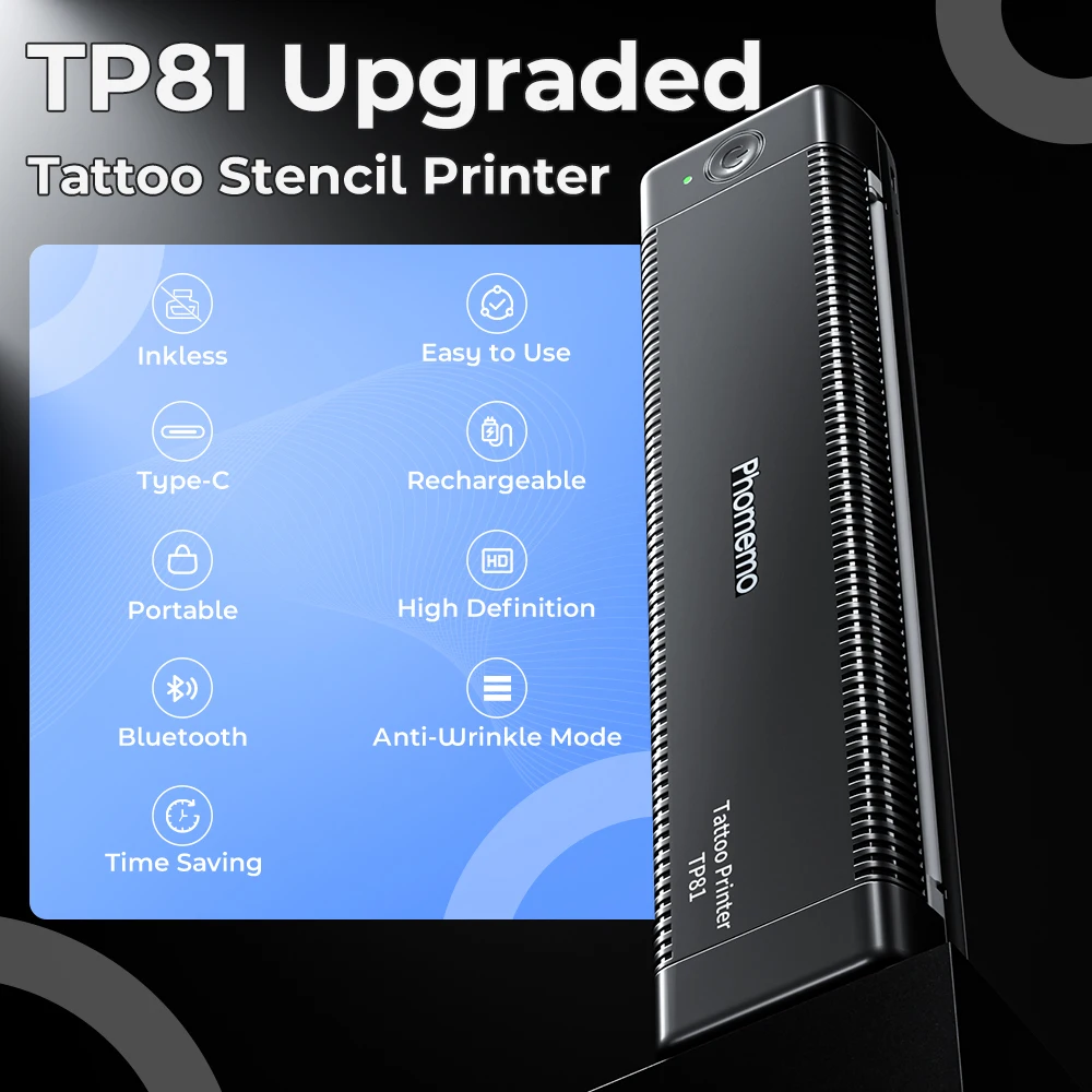 2025 New Version Phomemo Tattoo Printer Wireless Stencil Printer TP81 Thermal Machine with 10pcs Transfer Paper Transfer Printer