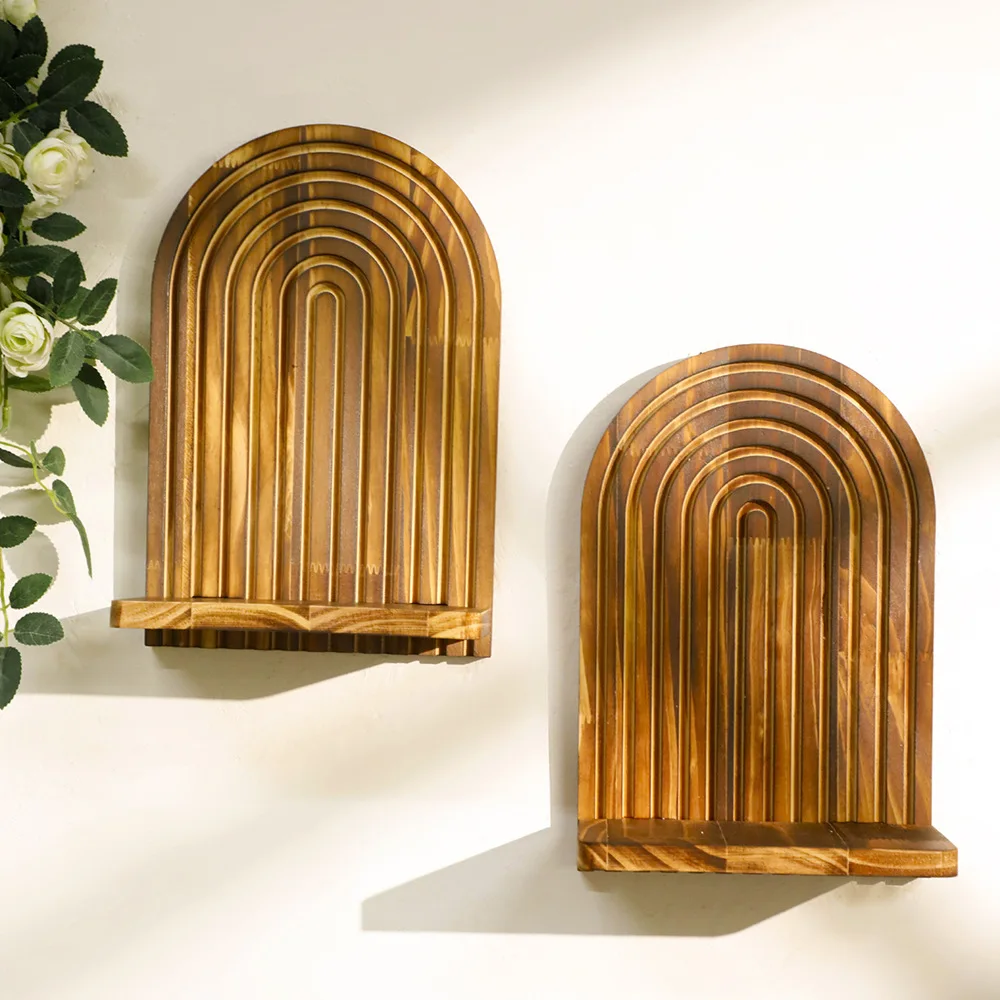 Creative Charred Wood Wall Mounted Storage Holder Door Shaped Floating Shelf Wooden Flower Pot Home Decors