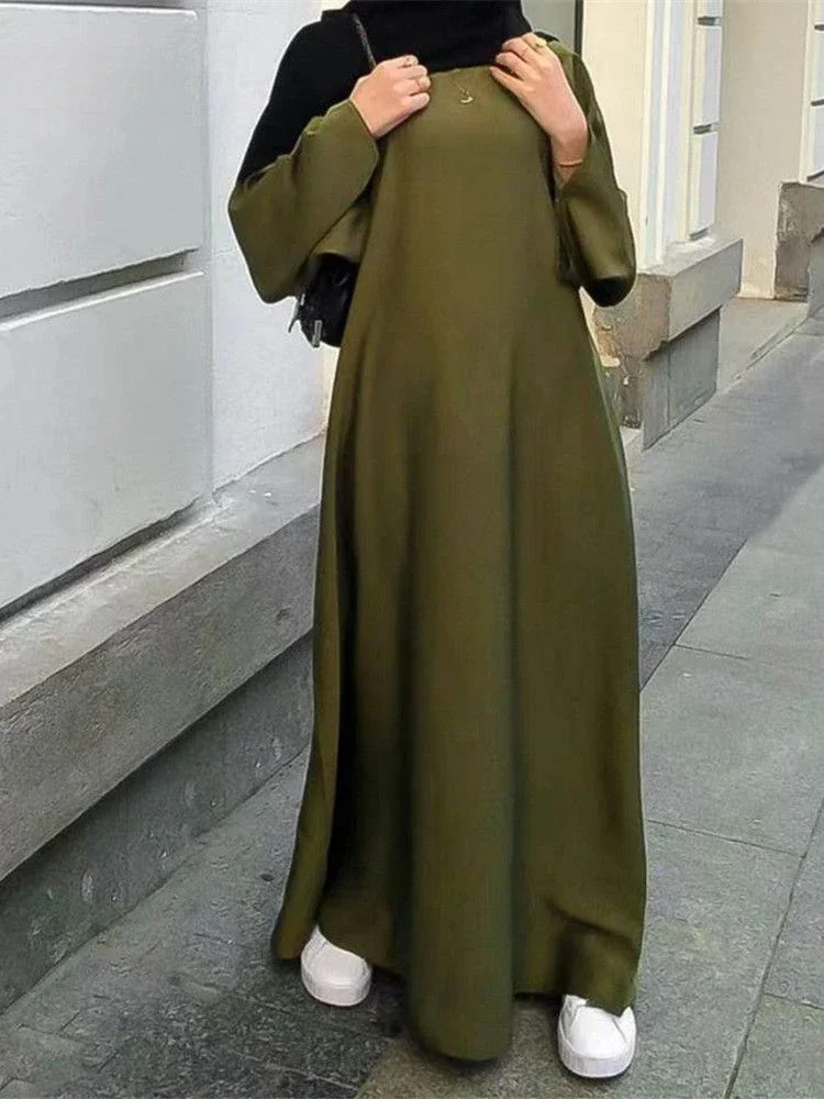 

2024 Hot Selling Women's Solid Color Temperament Commuter Round Neck Gown Dress muslim dress women