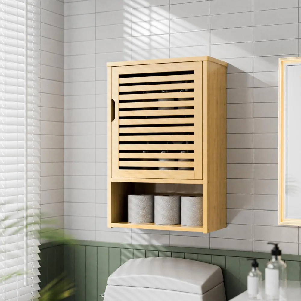 

Bathroom Wall Cabinet, Medicine Cabinet Over The Toilet, Bamboo Hanging Storage Organizer with Single Door