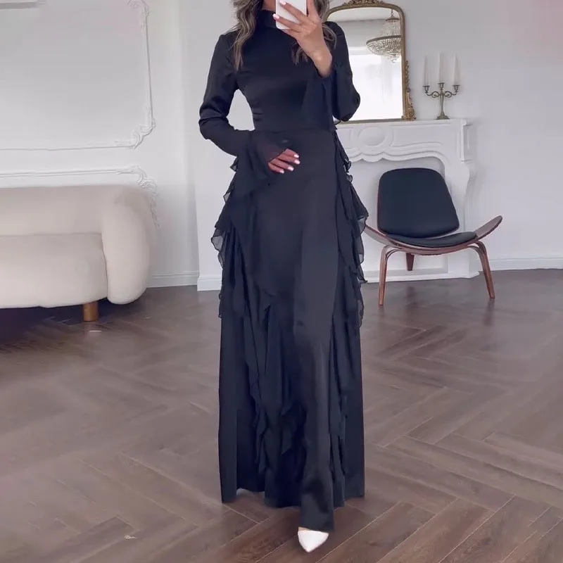 Spring Elegant O Neck Side Ruffles Long Dress Women Solid Backless Lace-up Slim Party Dress Autumn Long Sleeve Office Maxi Dress