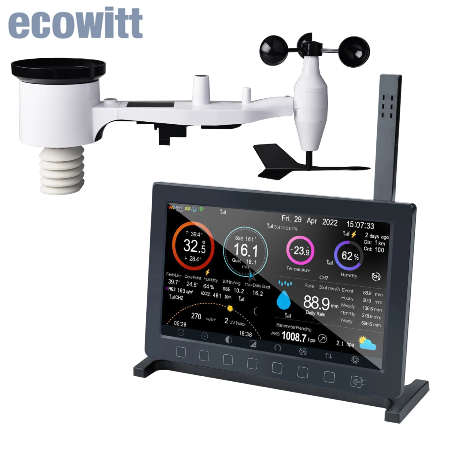 

Ecowitt HP2561 Wi-Fi Weather Station Indoor Outdoor, with 7-in-1 Wireless Solar Powered Weather Sensor & 7'' TFT Display Console