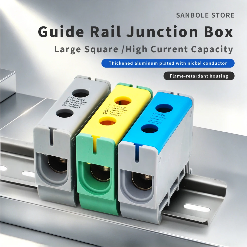 2pcs UTJ5-50 Din Rail Terminal Block 1-In 1-Out Quick Connector Neutral Busbar Splitter, High Current Aluminum Wire Junction Box