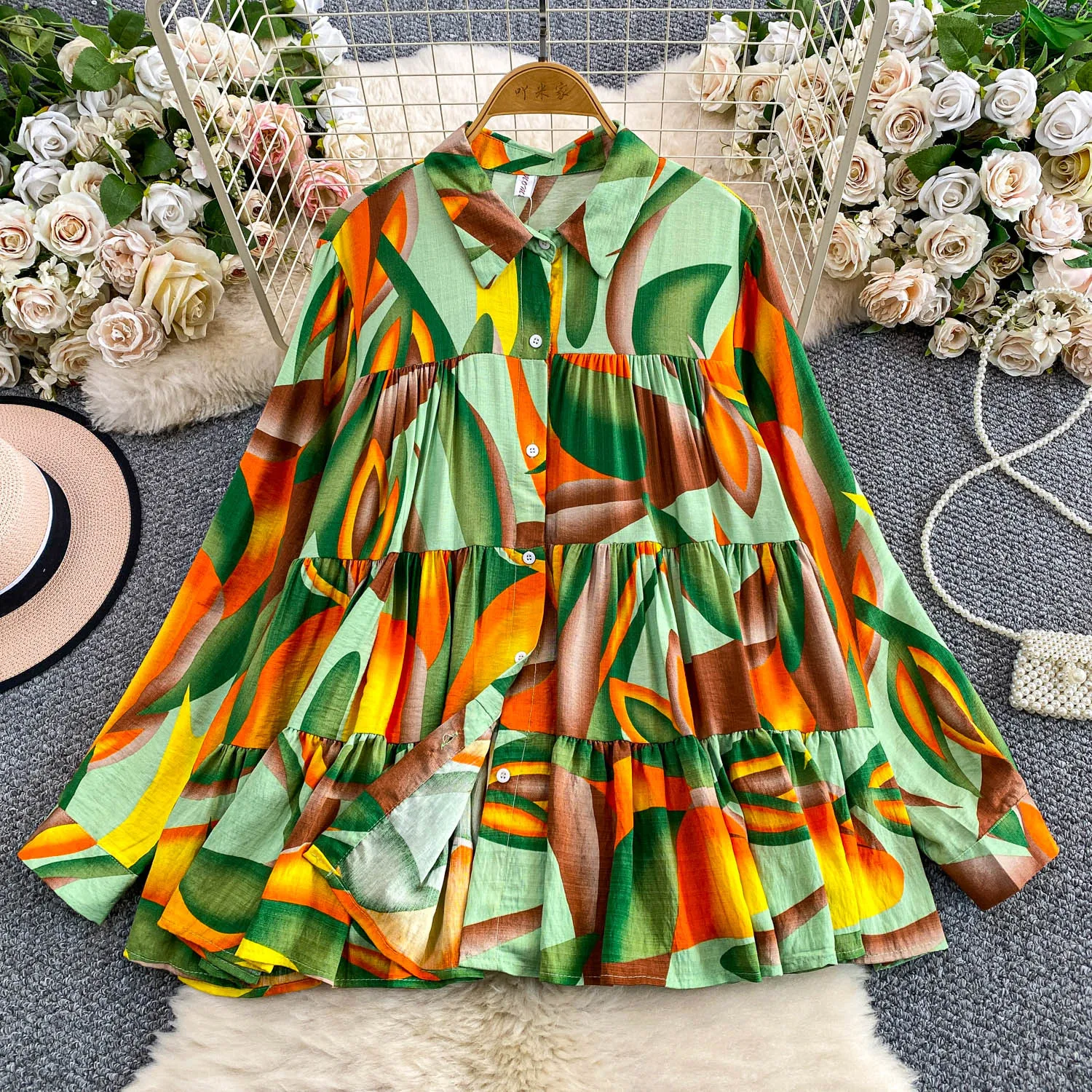 

French Style Print Women Shirt Sun-Protective A-line Pleated Loose Blouses 2025 New Autumn Long Sleeved Office Lady Tops