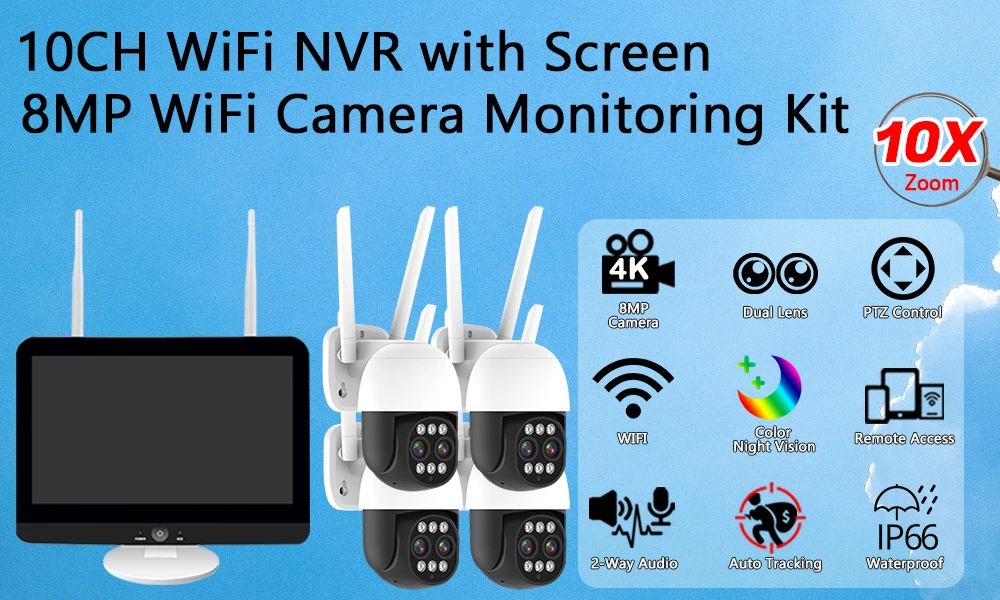 12,5 Zoll 10CH NVR Smart Wireless Wifi Kamera Kit 8MP 10X Zoom PTZ Auto Track Outdoor Sicherheit Kamera Video überwachung System – Detail 1