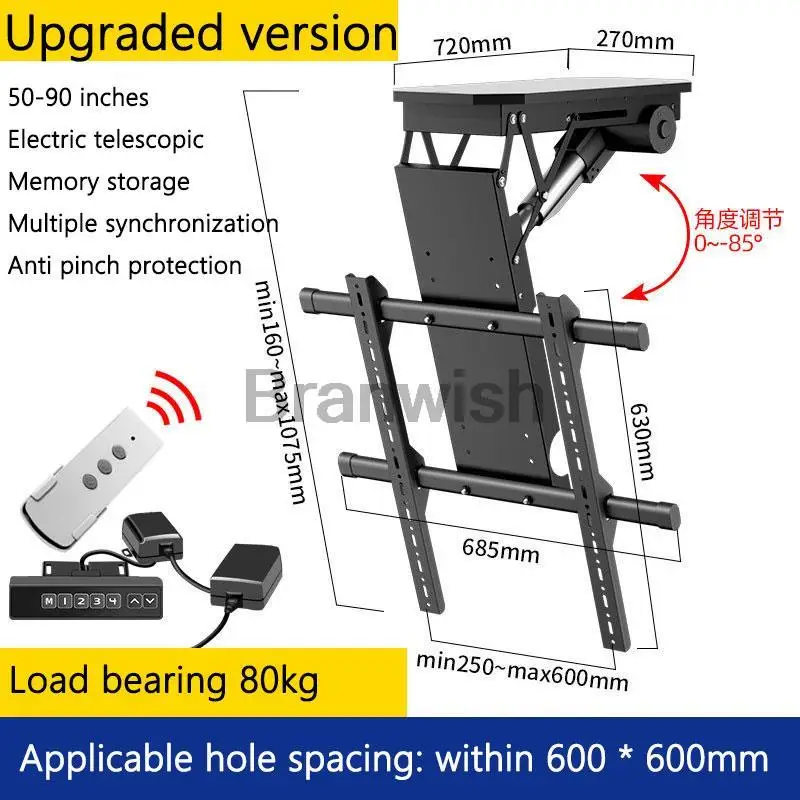 50-90" Ceiling Lift 0-85 Angle Adjust TV Rack 50kg LBS Television Wall Holder with Remote Control Monitor Support Stand For Home