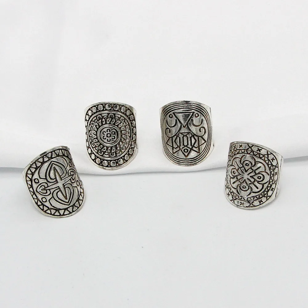 4PCS/Set Boho Vintage Carving Tibetan Silver Knuckle Ring Finger Ring Jewelry