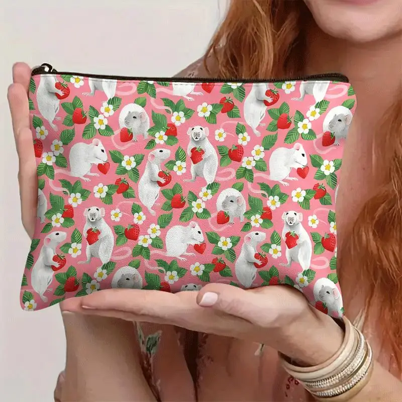 1 Piece Mouse Tasting Strawberries Makeup Bag - Women's Multifunctional Zipper Pouch, Perfect Travel Zipper Organizer, Fun Birthday Gift