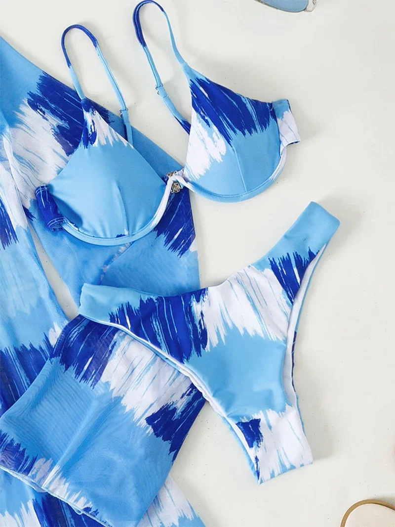 Bikinis a rayas Tie Dye para mujer, traje de baño Push Up con aros y cubierta, nuevo traje de baño Sexy de 3 piezas, traje de baño 2024