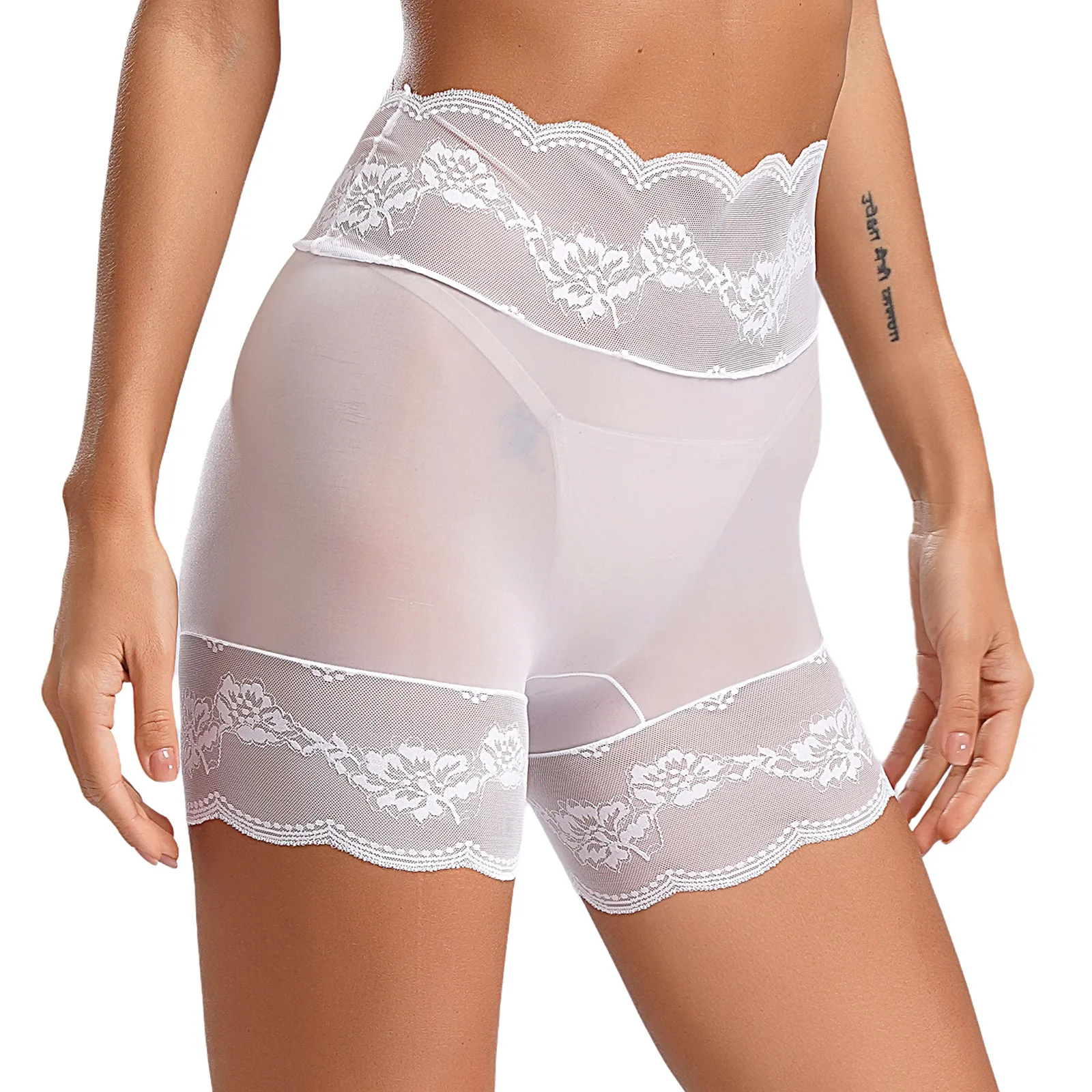 Short de sécurité taille haute en dentelle transparente pour femme, sous-vêtement moulant, lingerie amusante, vêtements de nuit flirty, sexy