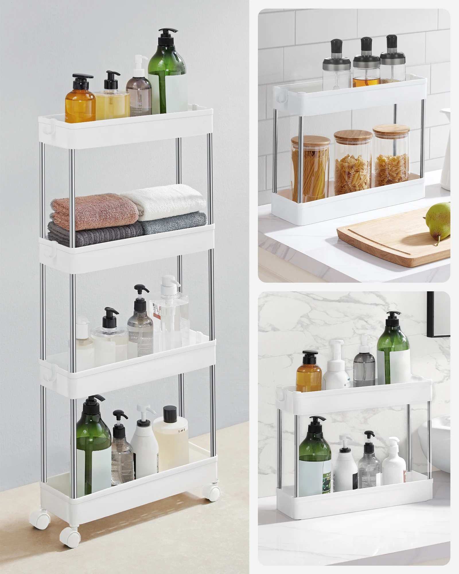 SONGMICS 4 Tier Plastic Mobile Shelf, Slim Space Saving Organizer, for Small Spaces, Kitchen, Bathroom, Office, 42 x 13.5 x 87cm