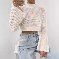 Women's Sweater 2024 Autumn New Solid Color Versatile Flare Sleeve Half High Collar Long Sleeved Casual Crop Pullover Sweater