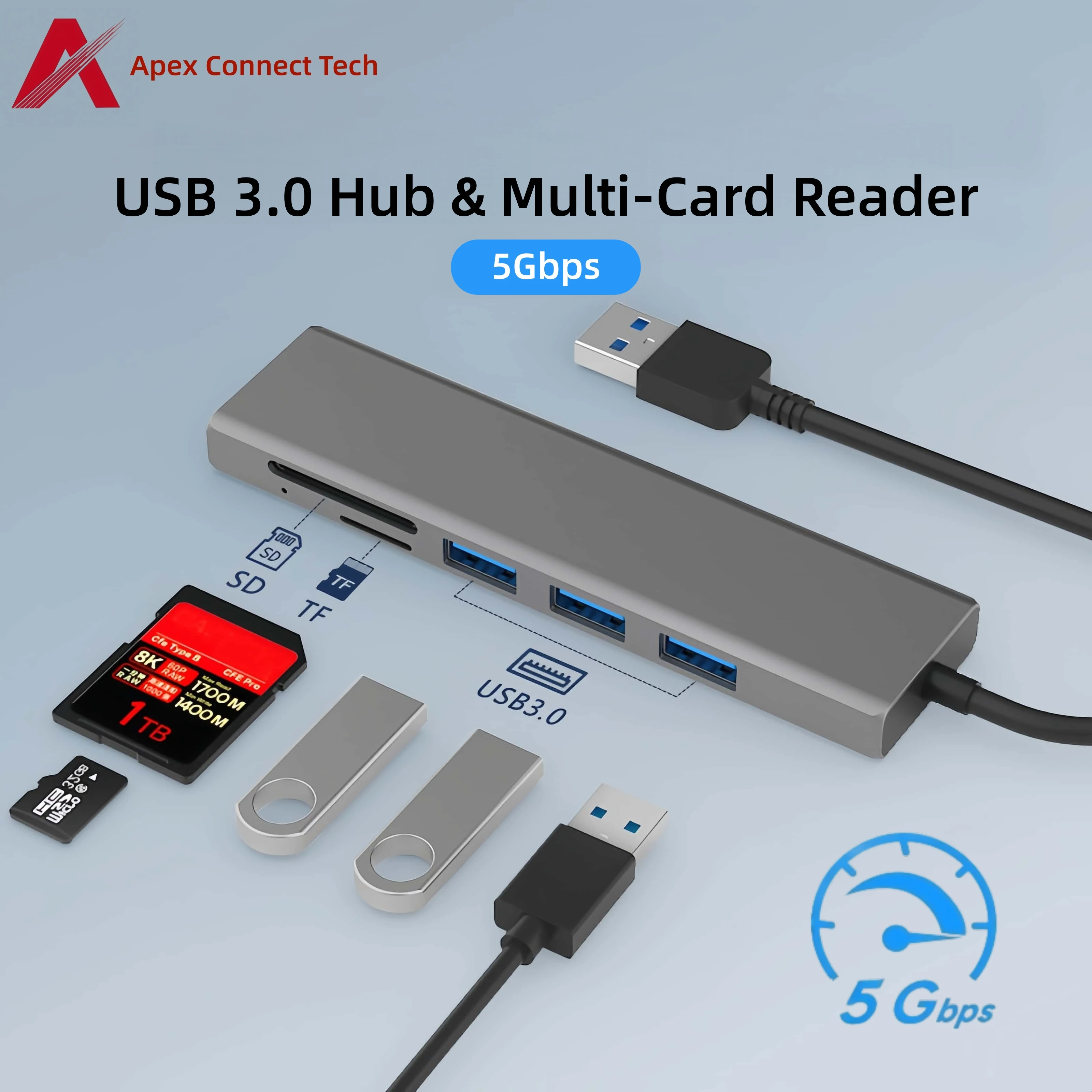 

5 In 1 USB Hub SD TF Card Reader 3.0 High Speed 5Gbps Aluminum USB Splitter Adapter Multiple Port Extension for Computer Laptop