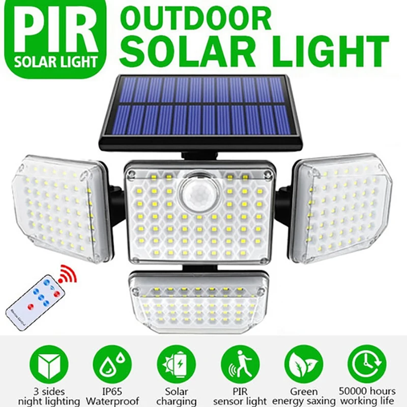 

Solar Lights Outdoor 182/141 LED Wall Lamp with Adjustable 4 Heads Security Flood Light Remote Control Lighting IP65 Waterproof