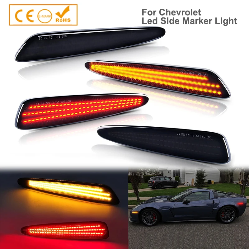 

4Pcs LED Front Rear Bumper Side Marker Turn Signal Lighting Amber Red For Chevrolet Corvette C6 2005-2013 Smoked Accessories