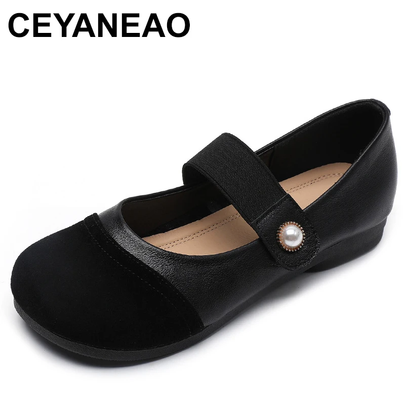 Genuine leather soft soled mother's shoes Summer flats Mary Janes Large size Elastic band Comfortable women's shoes