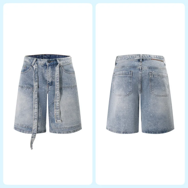 المألوف الفاخرة حجر الراين تصميم الدنيم السراويل الرجال العلامة التجارية العصرية فضفاضة مستقيم أنبوب الشريط خمسة أرباع السراويل