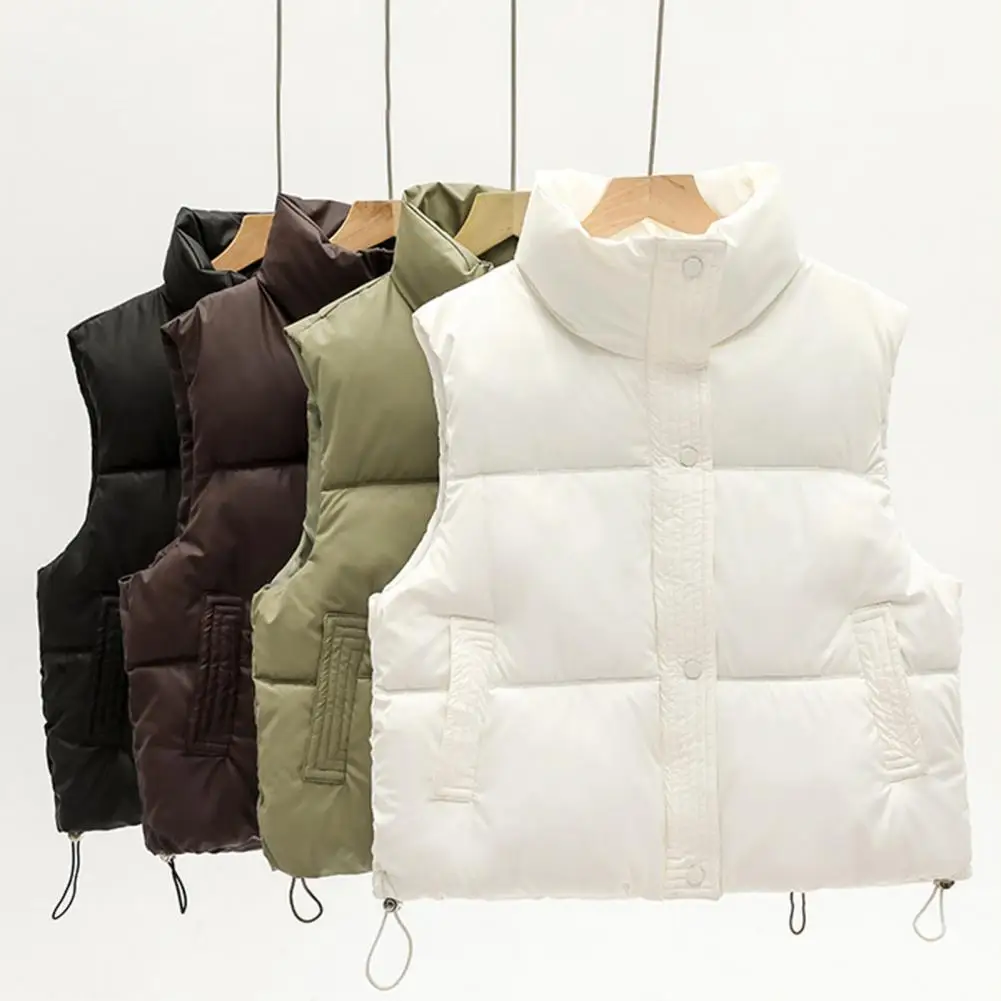 Button Closure Vest Jacket Women's Winter Padded Vest with Zipper Closure Stand-up Collar for Outdoor Activities Thickened Down