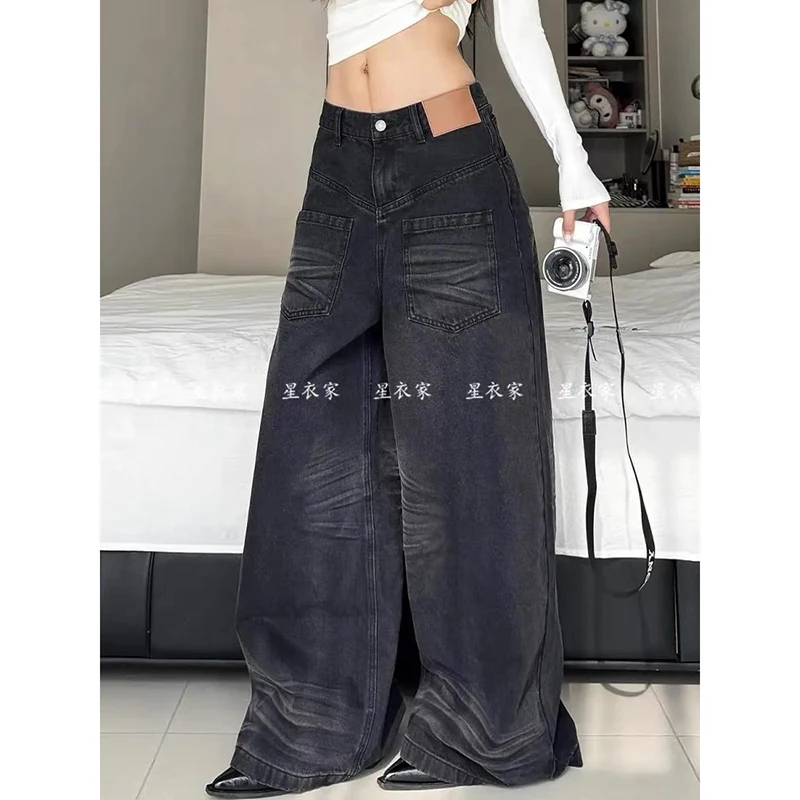 ZHIZOU Baggy Jeans voor dames Zwart Abi Y2k Denim Broek Academia Harajuku Cowboy Wide Fit Jaren 2000 High Street Tide Grunge Cyber Punk