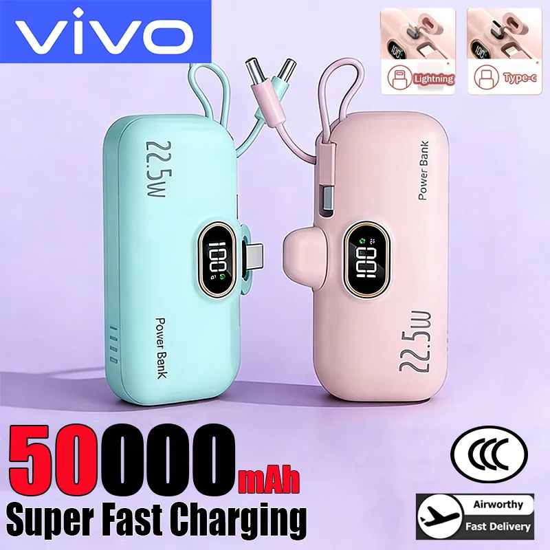 

Внешний аккумулятор VIVO 50000 мАч в мини-капсуле, быстрая зарядка 22.5 Вт, LED-дисплей, для iPhone, Huawei, Samsung