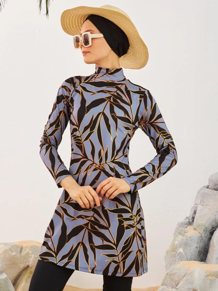 New Summer Beach Muslim Burkini Women Swimsuit Modest Swimwear Islamic ​Bathing Suit，Tropical Plant Print , Quick Drying, UPF50+
