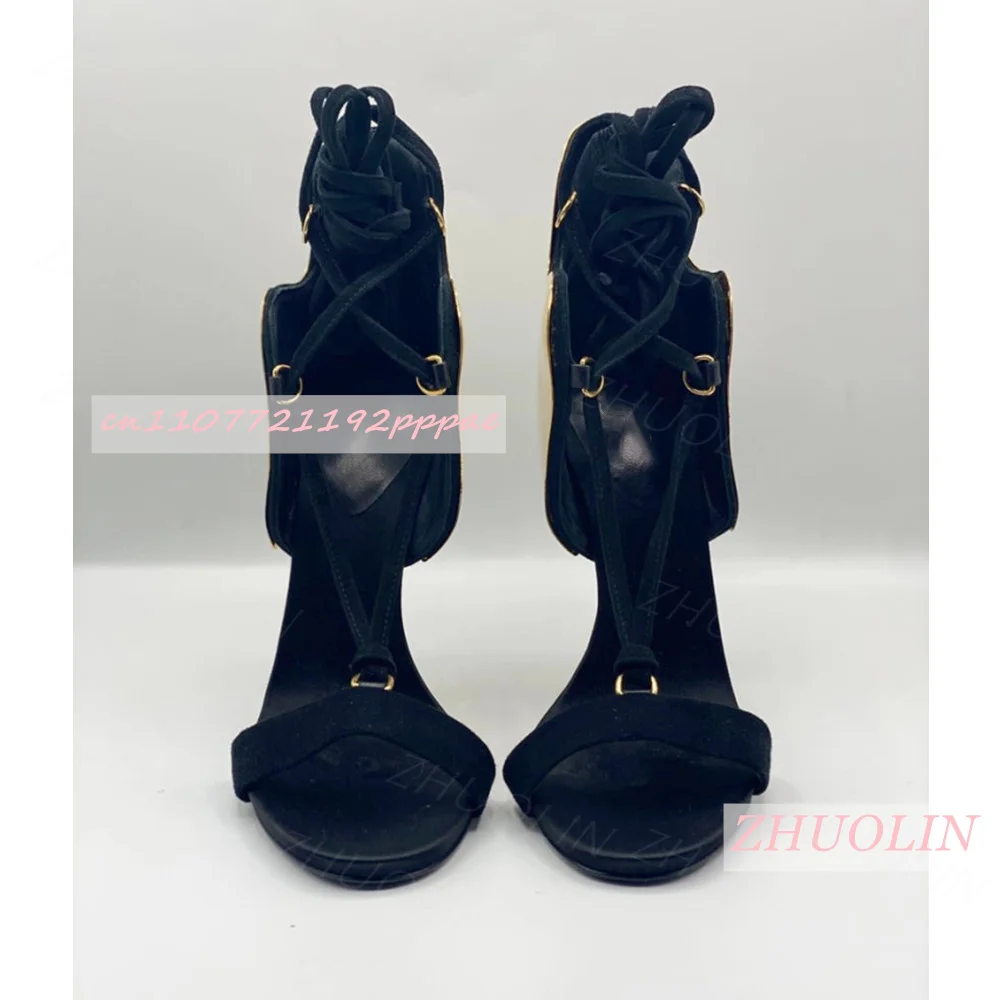 Gold Metal Decoration Open Toe Lace Up Sandals Stiletto High Heel Suede Ankle Tie Women Club Night Party Elegant Dress Heels 46 view 2