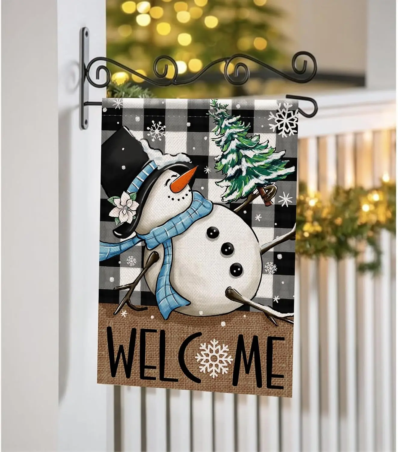 Welcome Winter Snowman Decorative Garden Flag, Black White Buffalo Plaid Check Snowflake Yard Outside Decorations, Christmas SSL