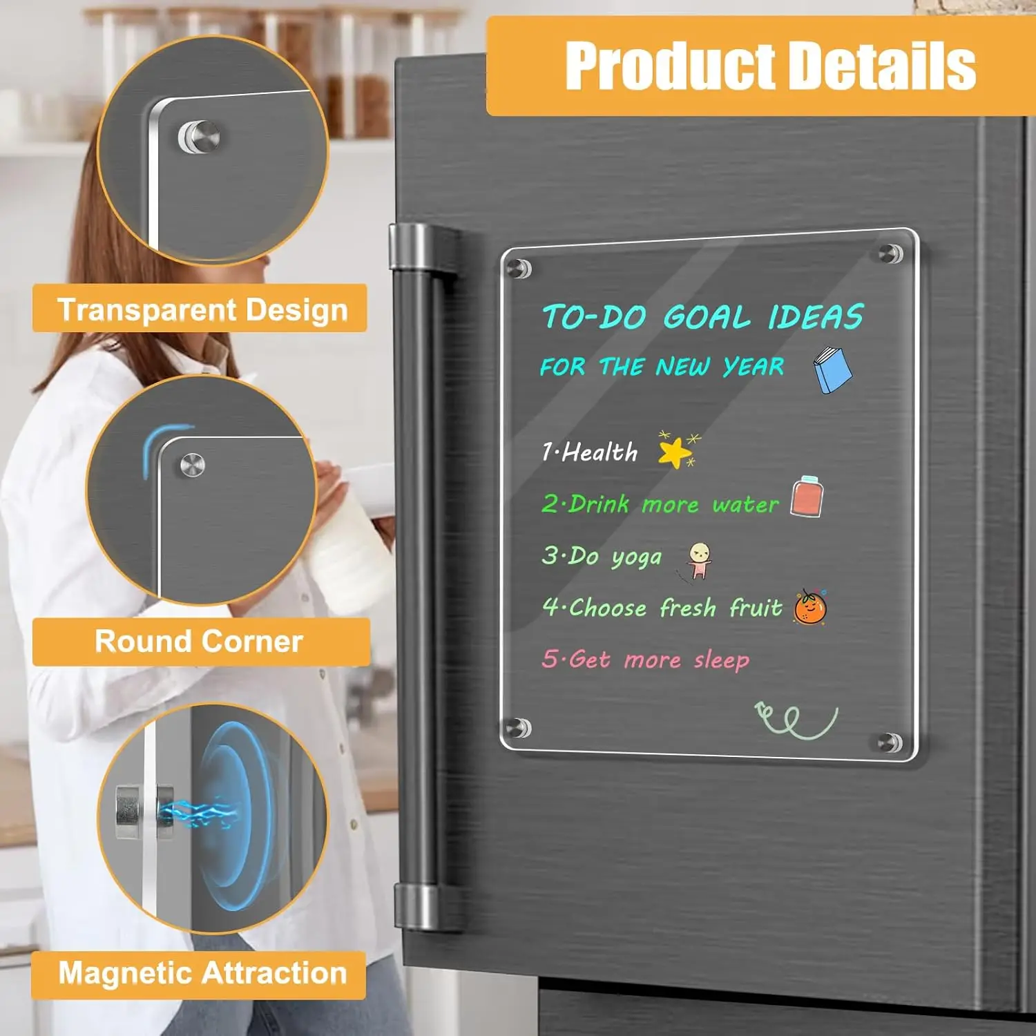 A3/A4 Clear Dry Erase Board White Acrylic Refrigerator Magnetic Whiteboard Fridge Calendar Hanging Includes 6 Whiteboard Markers