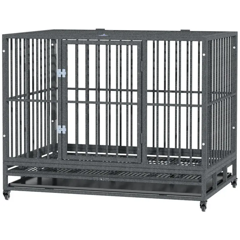 

PawHut 43" Heavy Duty Dog Crate Metal Cage Kennel with Lockable Wheels, Double Door and Removable Tray, Gray