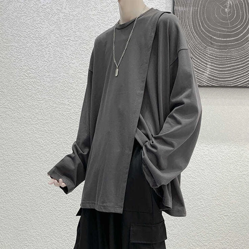 Side Slit Creative Design Oversized Soft Streetwear Korean Fashion Casual Long Sleeve T Shirt Men Summer Harajuku 2022 New Trend