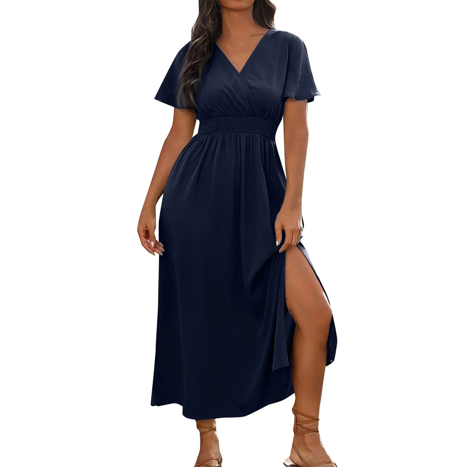 New Women\'s Summer Fashion Sexy Comfortable Wrap Waist Maxi Dress V Neck Side Slit Casual Dress A-Line Long Short Sleeve Dress