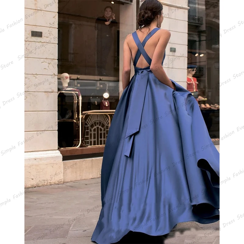 Simples vestidos de noite azul cinto elegante senhora ombro cinto sem mangas a linha vestidos de baile moda celebridade formal festa robe de