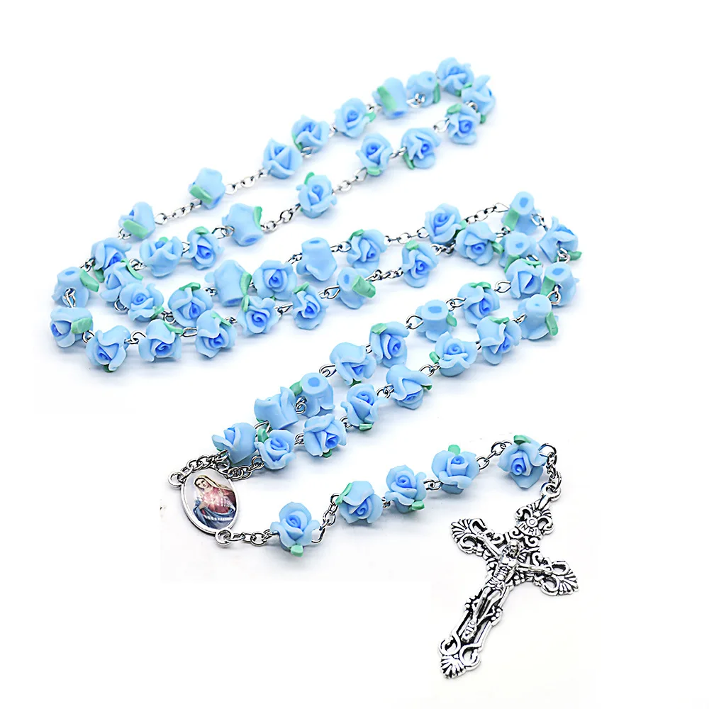 الملونة اليدوية بوليمر كلاي روز الصليب قلادة عقد خرز النساء ماريا يسوع الكاثوليكية المسيحية الدينية مجوهرات هدايا