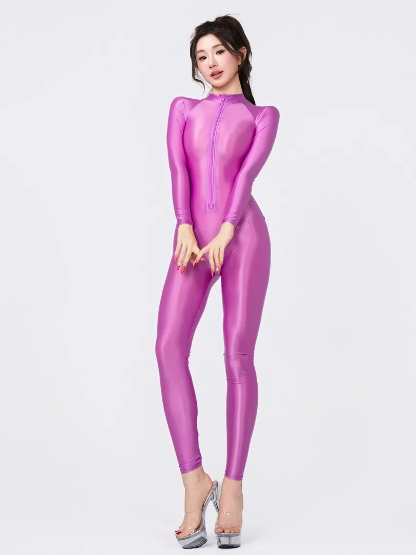 Invisible Zipper Glossy Women One-piece Jumpsuit Sexy Open Crotch Playsuit Rompers Overalls