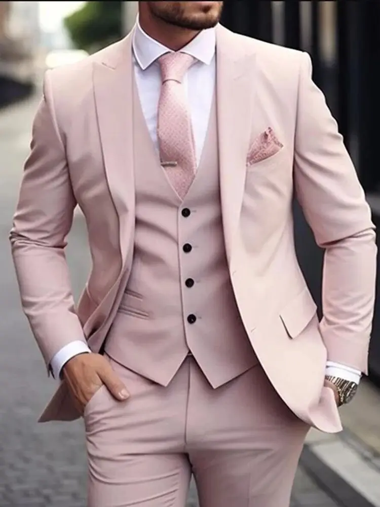 Elegant Pink Suit Men For Wedding Single Breasted Groom Tuxedos Customized 3 Pieces Formal Business Banquet Blazer Man Clothes